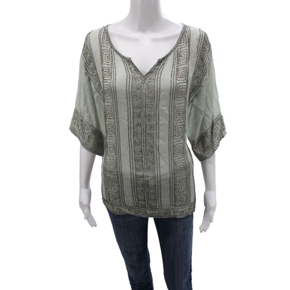Calypso Saint Barth Women Tunic Blouse Gray V Neck 3/4 Sleeve Geometric Size M